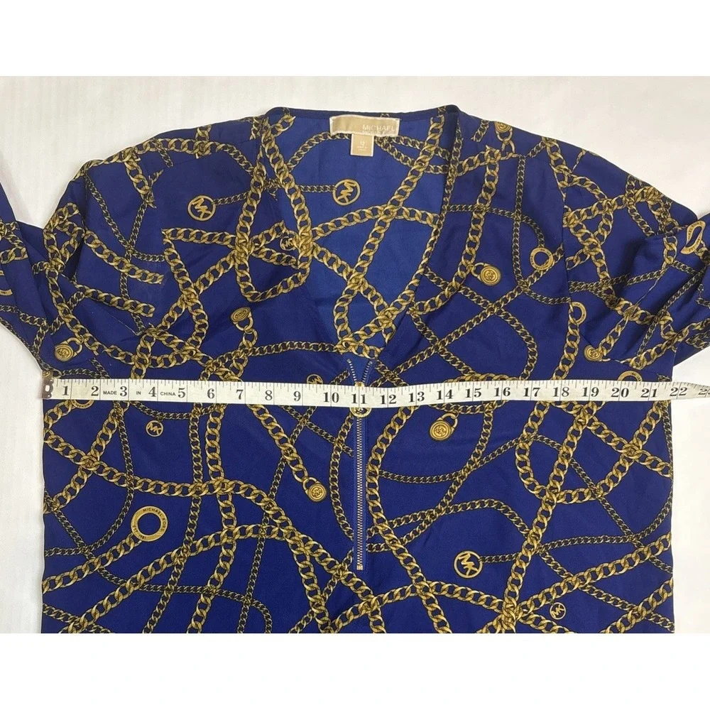 Michael Kors Chain Print Blue Long Sleeve Quarter Zip V-neck Womens Size 12‎